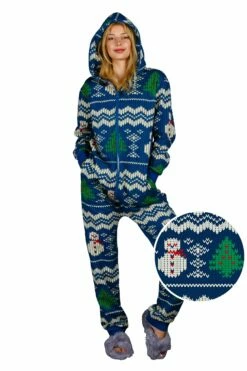 The Eggnog Aficionado | Ladies Unisex Snowman Print Blue Christmas Onesie